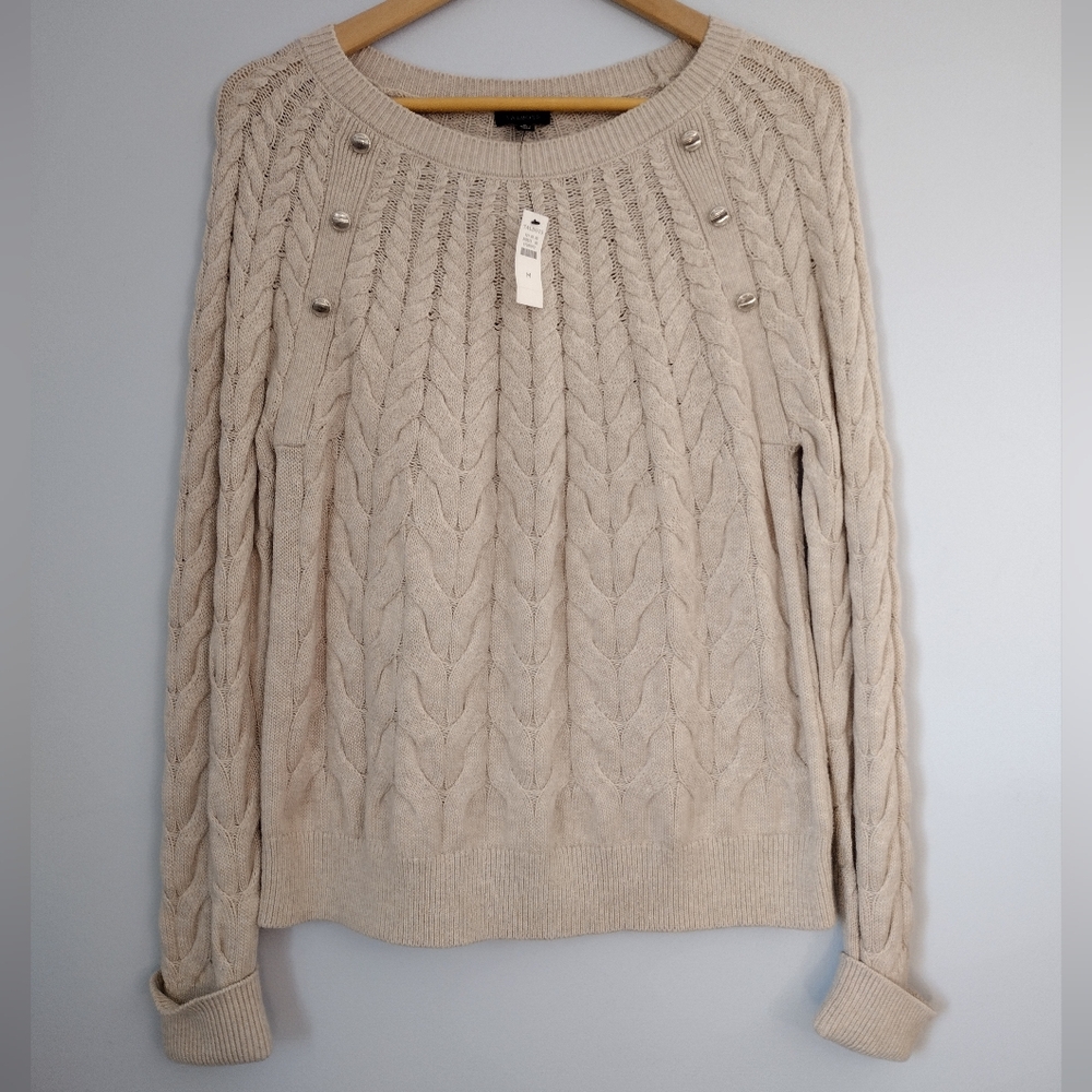 NWT Talbots Button Raglan‎ Cable Knit Cotton Wool blend sweater